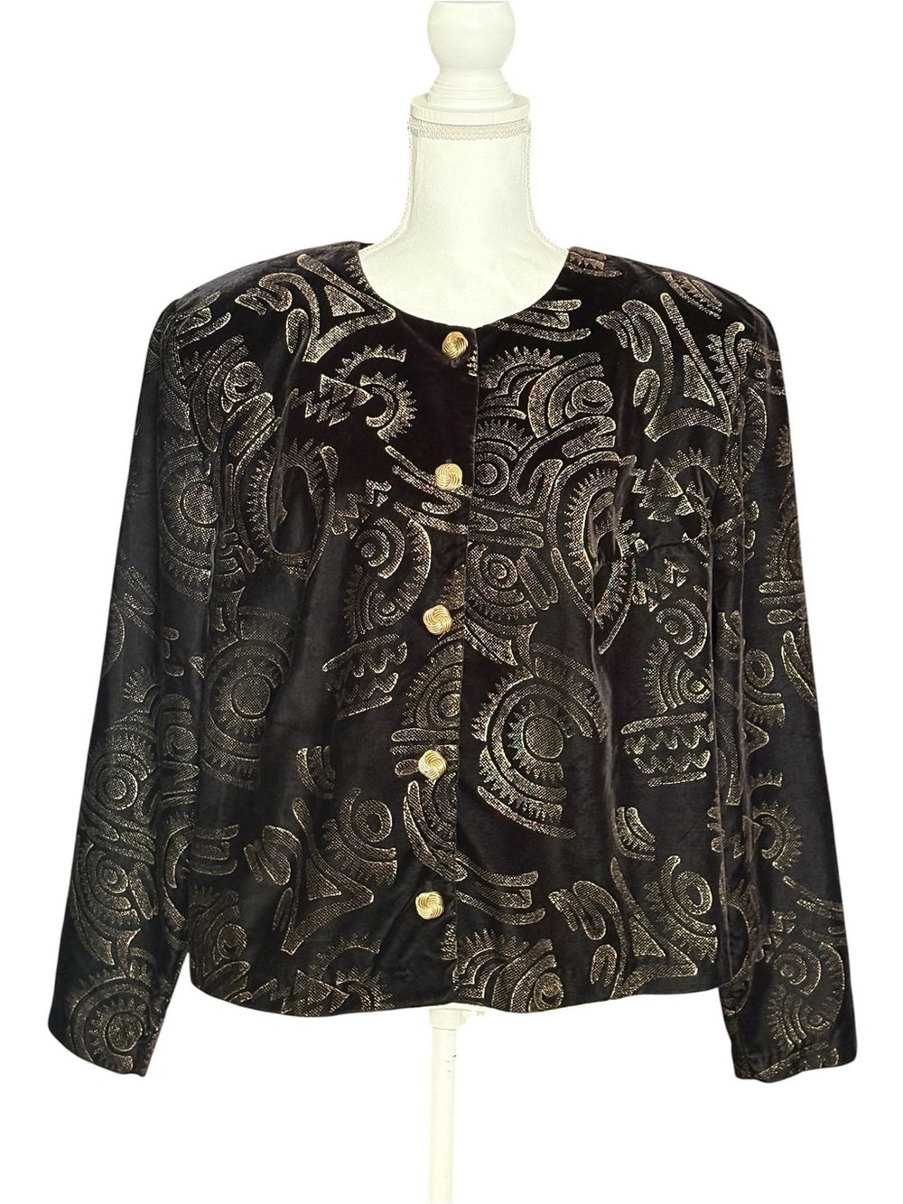 Vintage Sharon Anthony Velvet Jacket Gold Foil Print Plus 20W Statement Blazer